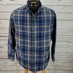 Wrangler Men's Navy and Tan Plaid Button Down Shirt